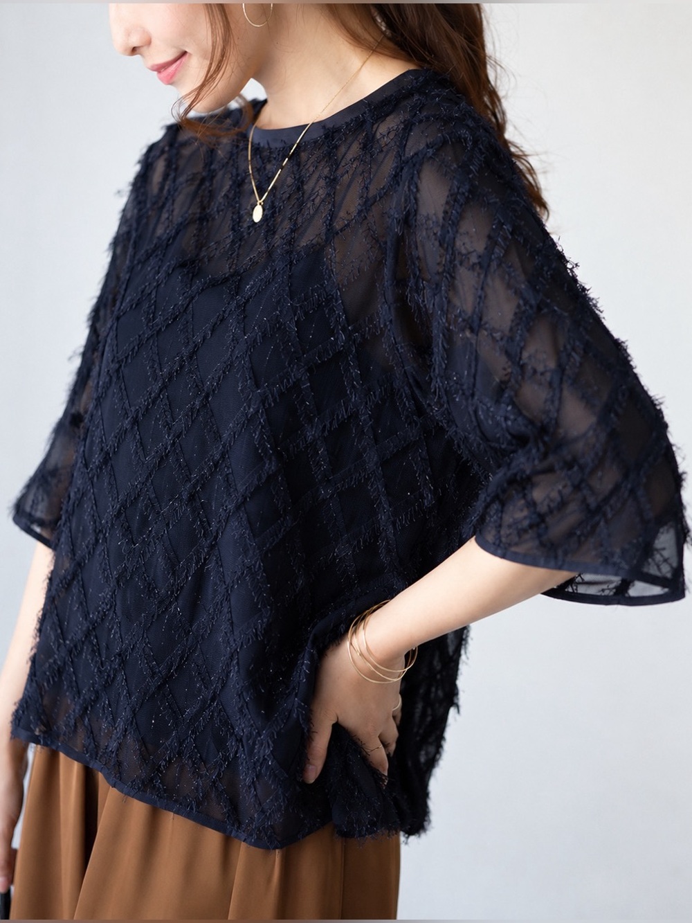 AUDRA Silk Blend Sheer Textured Fringe Blouse Navy Blue Women Size XL